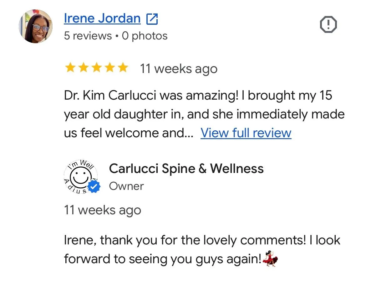 Google review screenshot from Irene Jordan showing a five-star review excerpt and office response