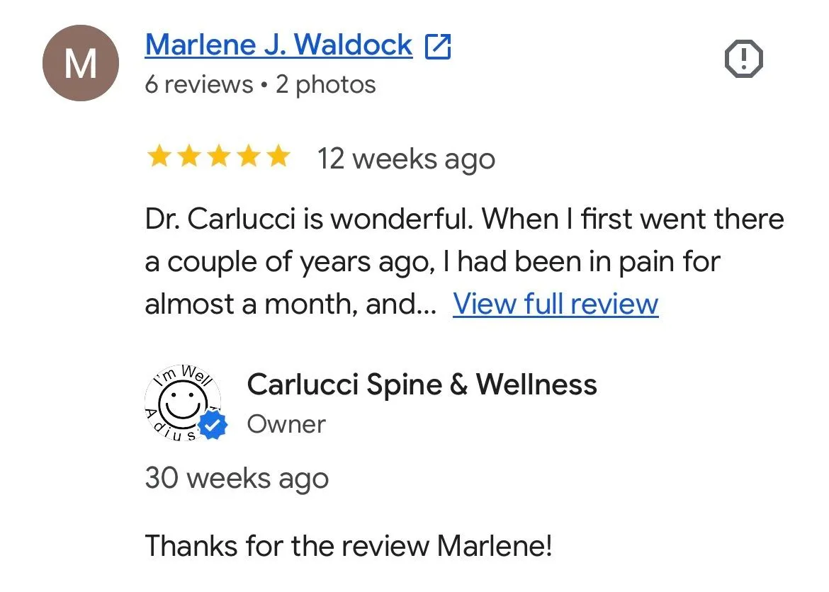 Google review screenshot from Marlene J. Waldock showing a five-star review excerpt and office response