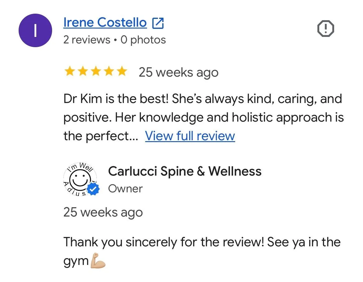 Google review screenshot from Irene Costello showing a five-star review excerpt and office response