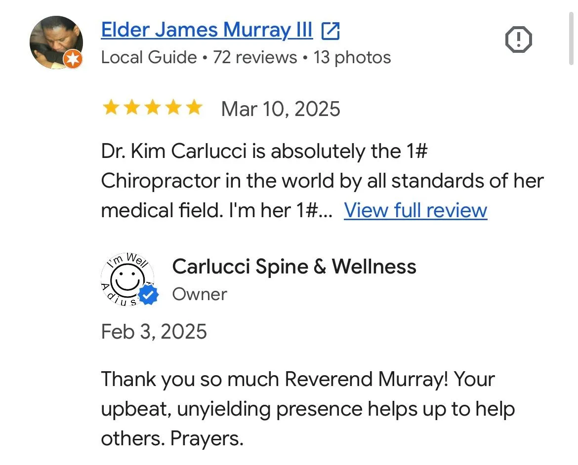 Google review screenshot from Elder James Murray III showing a five-star review excerpt and office response